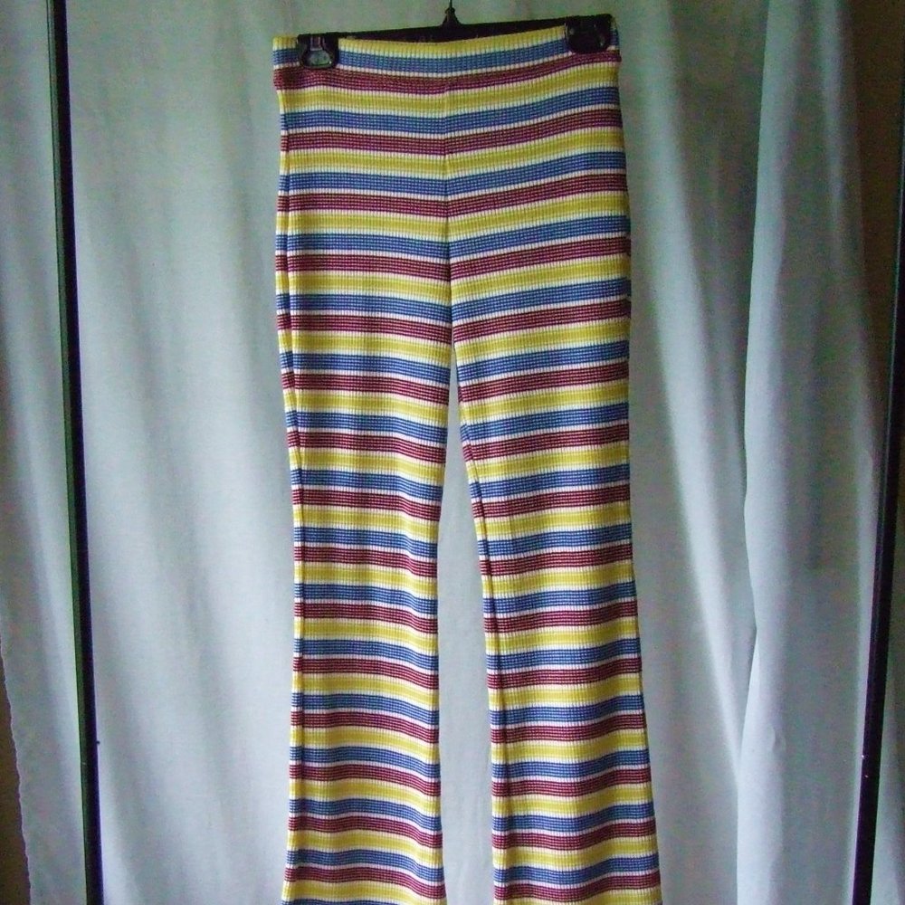 Zara flared pants knit loungewear red yellow blue ribbed striped cozy pants